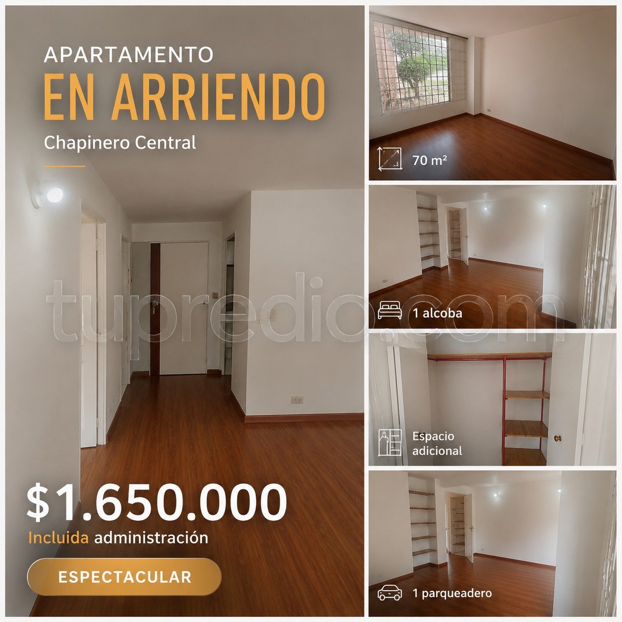 Apartamento en arriendo en Chapinero 70 m2 con 1 alcoba y parqueadero